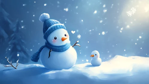 Snowy cuddle of parent and baby snowmen in moonlit magic.