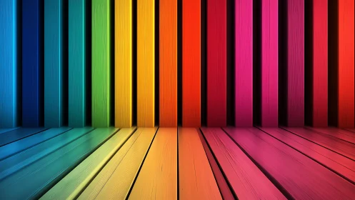 Chromatic Corridor of Wooden Beams in Full-Spectrum Glow.