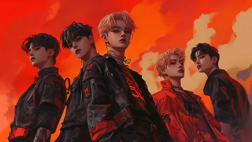 Storm-lit street idols under molten neon sunset sky.