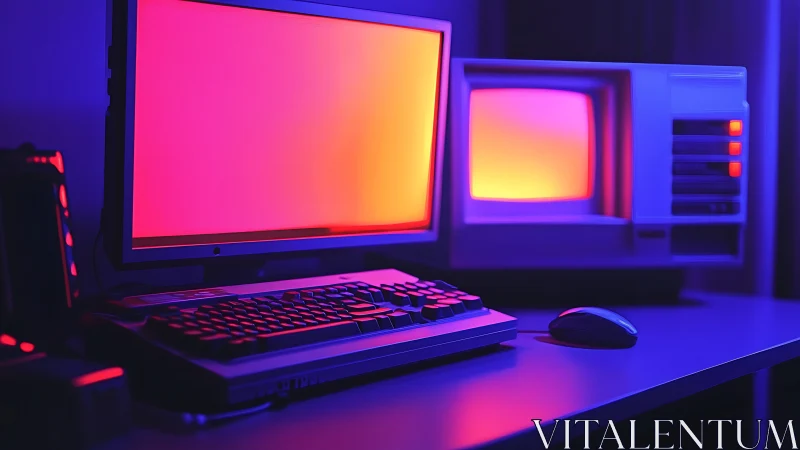 Contemporary and retro computer monitors under neon light.