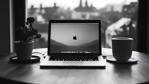 Monochrome laptop workspace balances soft window backlight and foreground contrast