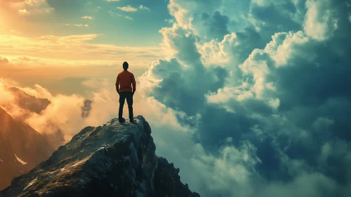 Solitary hiker surveys cloud-swept summit in cinematic backlight