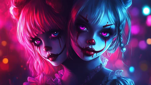 Dual neon clown girls with split pink and blue lighting.