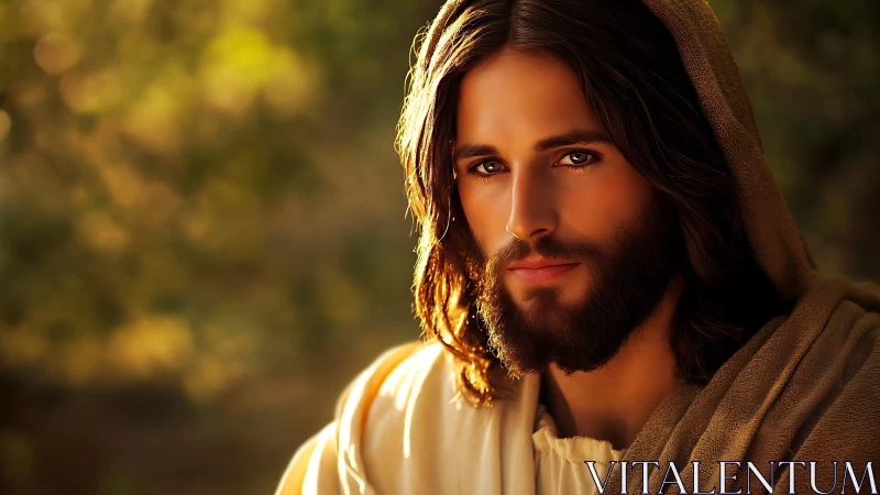 Golden-hour bearded figure in robe under soft shallow focus lighting.