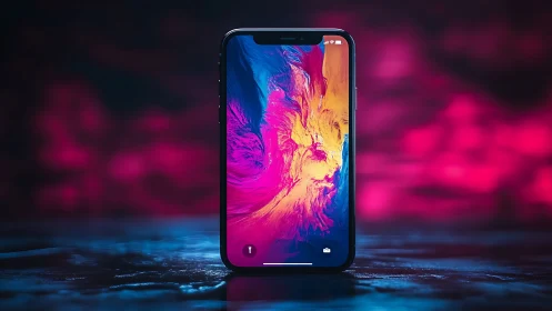 Neon-slick smartphone cradles swirling cosmic paintstorm.