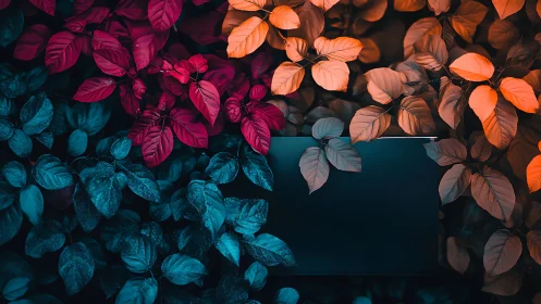 Triadic neon foliage framing concealed black tablet screen