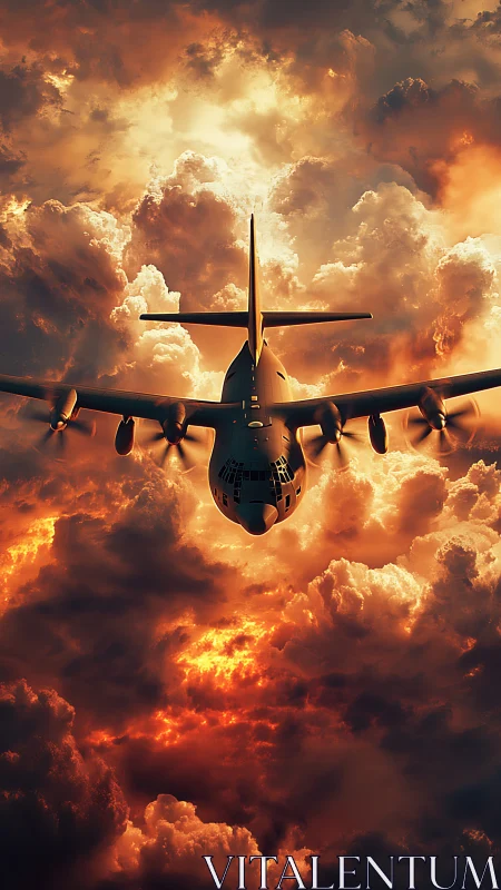 Stormlit aircraft soaring through glowing sunset clouds.