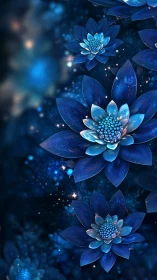 Blue fractal lotus flowers glow against a dark abstract background