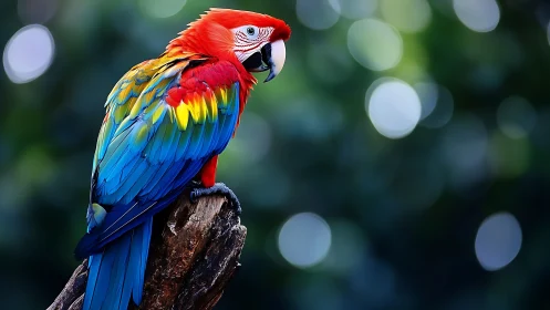 Vibrant Scarlet Macaw Perched on Tree in Soft Bokeh Style.