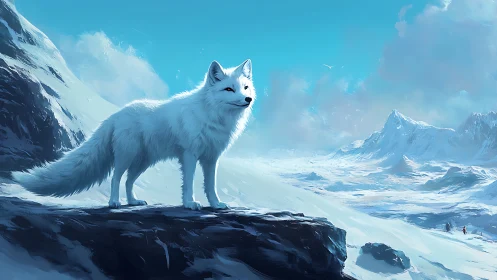 Snowlit arctic fox overlooking a boundless crystal tundra.