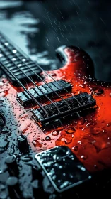 Electric bass guitar under rain with dramatic specular highlights.