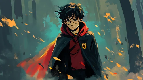 Young robed figure in stylized forest environment at dusk.