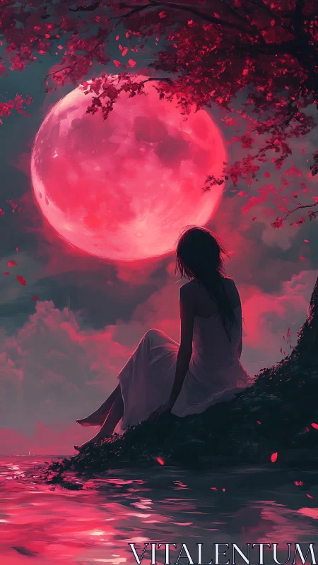 Moonlit shoreline dreamscape with a quiet scarlet glow.