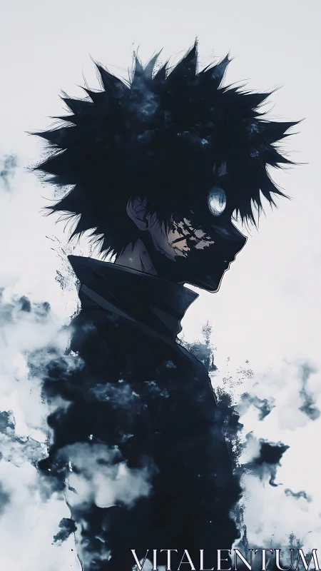 Silhouetted anime figure stands in smoke with glowing eye