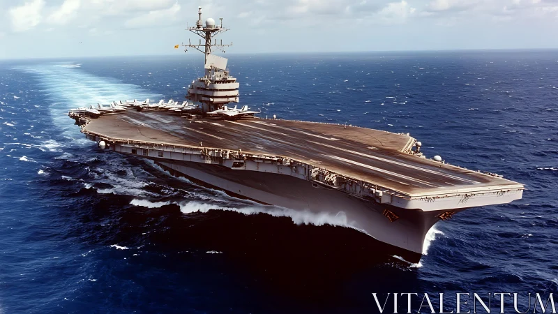 Nuclear aircraft carrier advances across open ocean in daylight