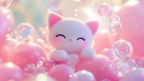 Smiling pastel kitten among soft pink bubbles.