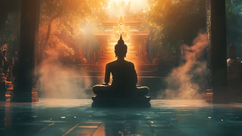 Backlit Buddha silhouette anchors misty temple axis at dawn