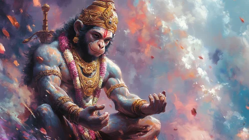 Mythic simian warrior in meditative, cloud-suspended repose.