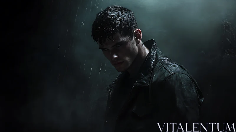 Photorealistic noir portrait in cinematic low key lighting.