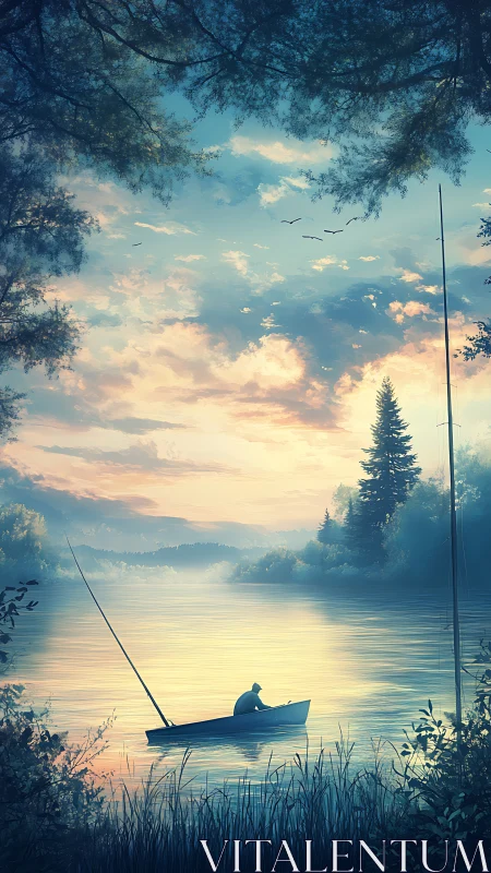 Solitary angler in small boat on calm lake at sunrise.