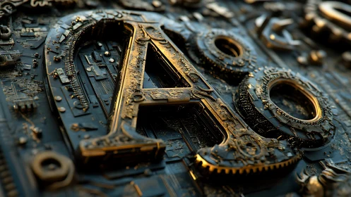Ornate metallic letterforms emerge from intricate circuit relief
