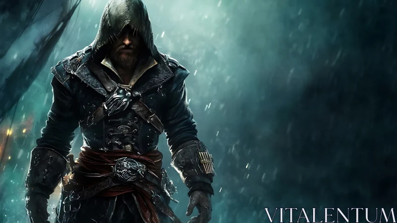 Hooded armored figure stands in rain against dark background