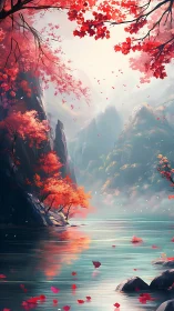 Crimson canyon lake dreaming beneath soft mountain mist.