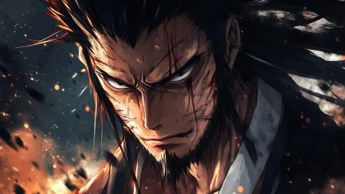 Battle-scarred warrior portrait in dramatic ember lighting