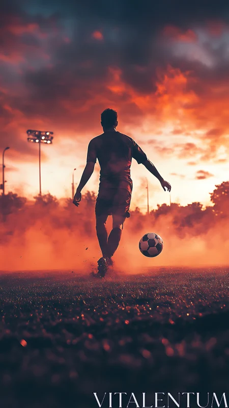 Soccer player jogging toward ball on smoky sunset field.
