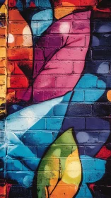 Multicolored leaf graffiti overlays textured brick surface