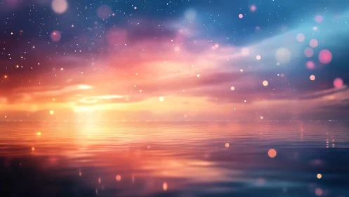 Dreamy twilight sea with glowing pastel sky and lights.