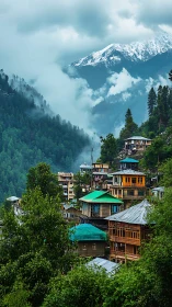 Misty mountain village nestles calmly beneath snowy peaks