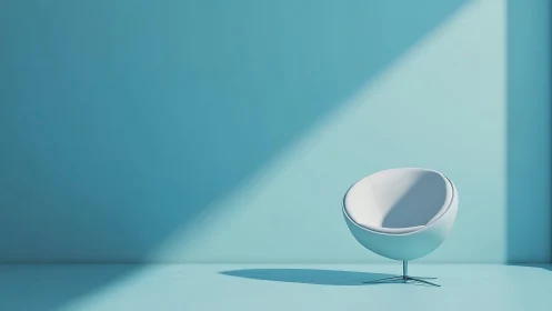 Minimalist white pod chair in cyan room with hard daylight