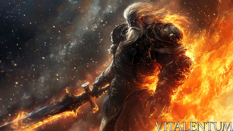 Fire-armored warrior strides through blazing cosmic battlefield