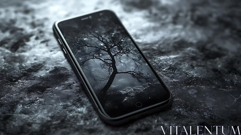 Smartphone lies on textured surface with tree image display