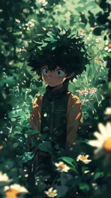 Anime boy with wild green hair standing in sunlit forest glade
