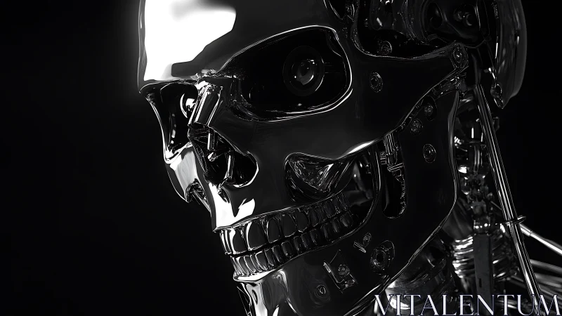Chromed humanoid robotic skull in side profile view.