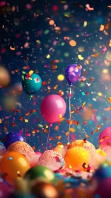 Volumetric Particle Explosion with Iridescent Balloons and Bokeh Depth.