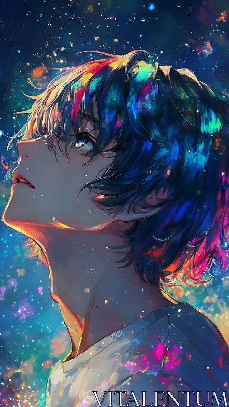 Stargazing youth with rainbow hair glows against cosmic sky