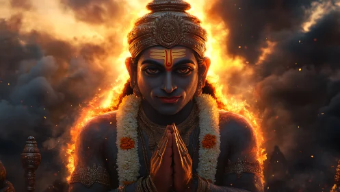 Fiery blue deity in prayerful pose amid stormy clouds.