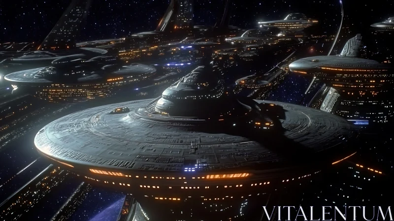 Multiple disc-shaped spacecraft traverse dense orbital traffic