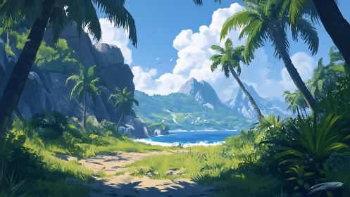 Tropical island cove framed by palms and limestone cliffs