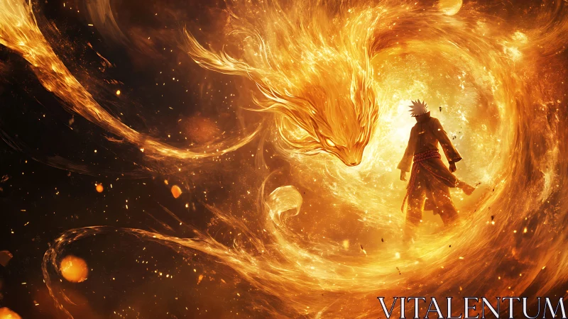 Figure confronting fiery fox spirit in swirling flames.