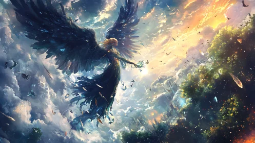 Celestial winged figure bisects storm-lit sky with radiant energy arc