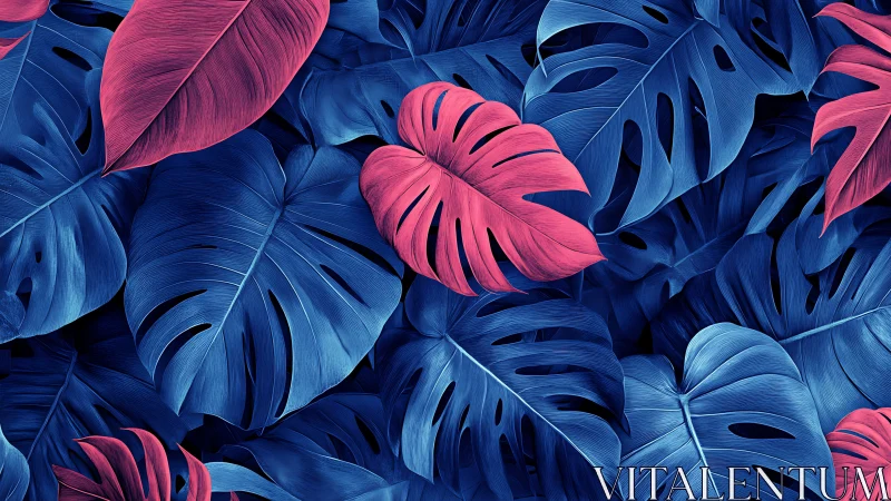 Neon monstera leaves in bold blue and magenta contrast.