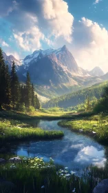 High-altitude alpine valley with glacial peaks and reflective stream