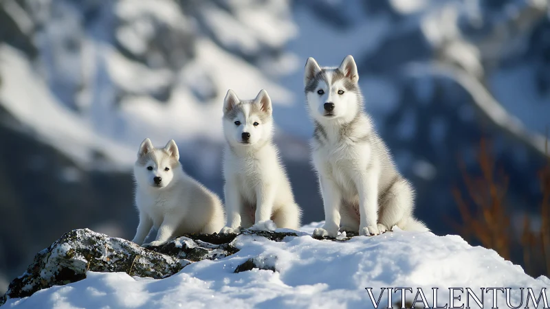 Three husky puppies stand alert on snowy mountain ridge
