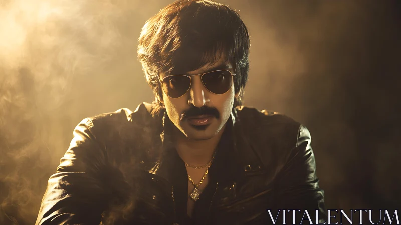 Moody portrait of a man in leather jacket and golden haze