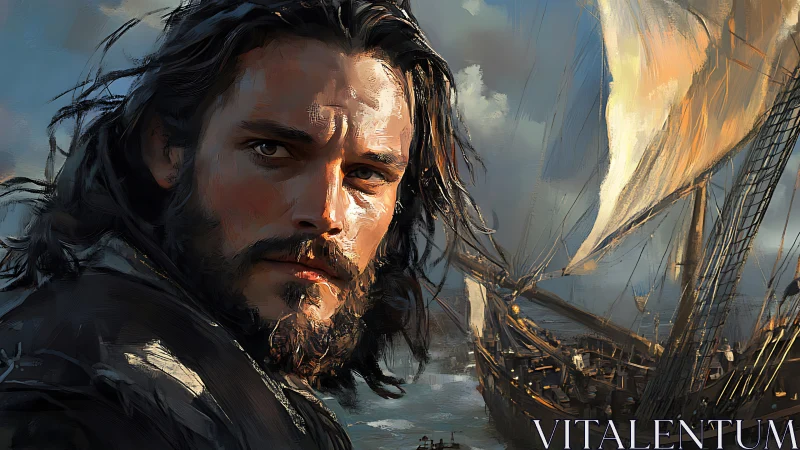 Bearded sailor portrait before large wooden sailing ship.