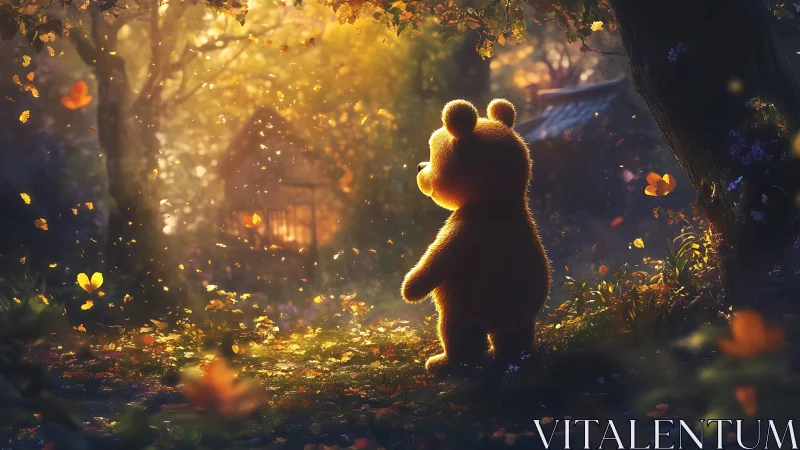 Teddy bear wanderer crosses golden forest toward cottage